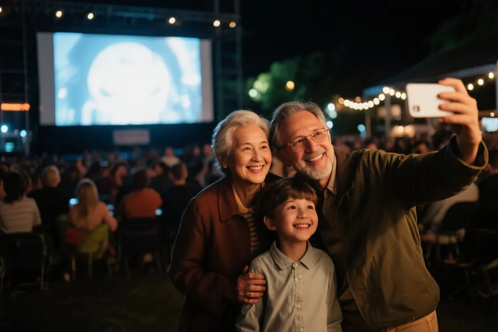 世界杯球迷区夜晚巨幕与灯光下的家庭合影，氛围感强，记录温馨瞬间