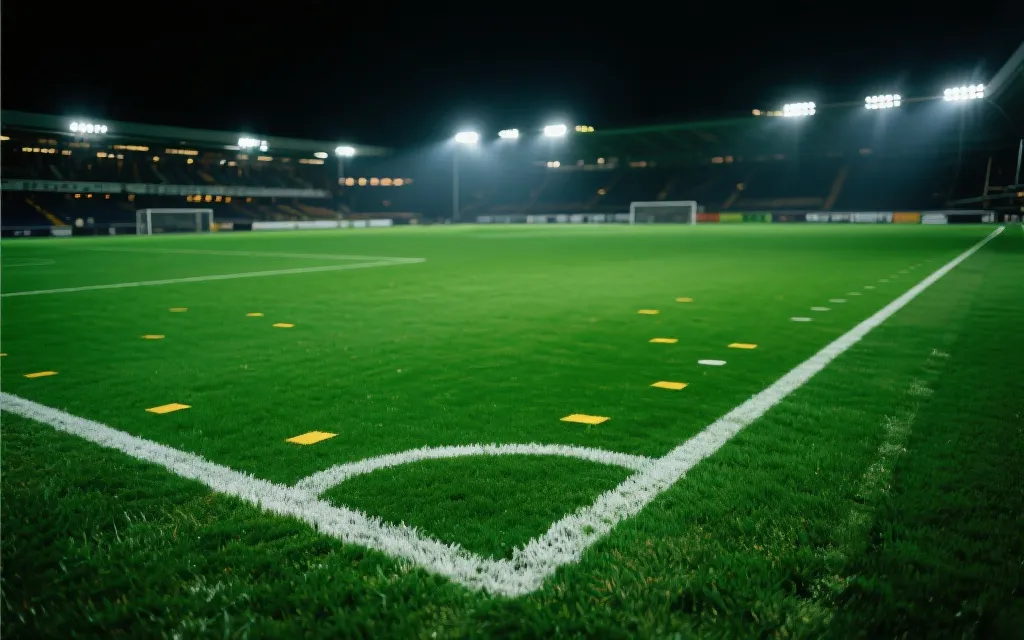 现代化球场草皮细节与夜间比赛的战术氛围